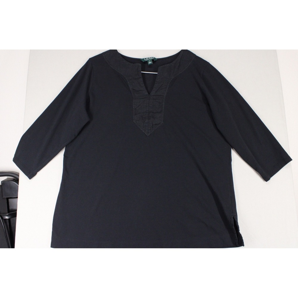 Lauren Ralph Lauren Navy Blue 3/4 Sleeve Knit Top 1X Plus Size Split Neck Bib